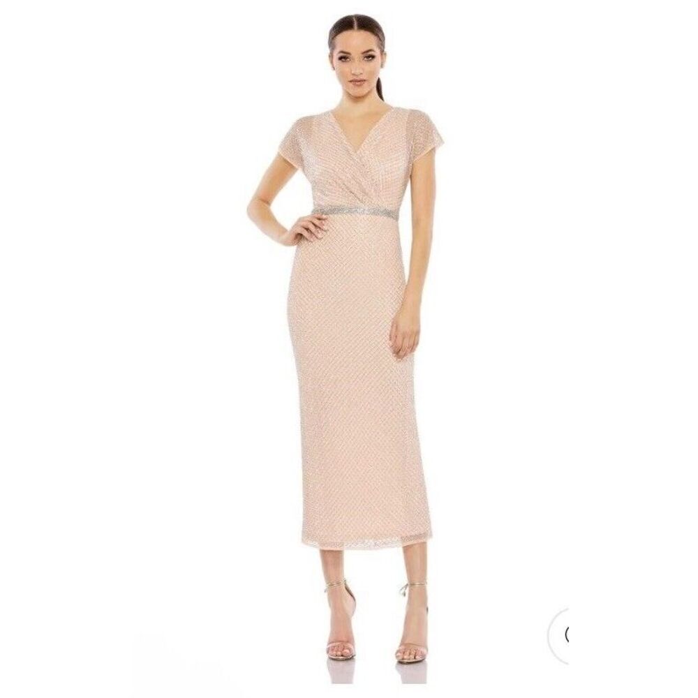 Mac Duggal Size 18 Formal‎ Gown Beaded V-Neck Short Sleeve Dress Rose $598 MSRP